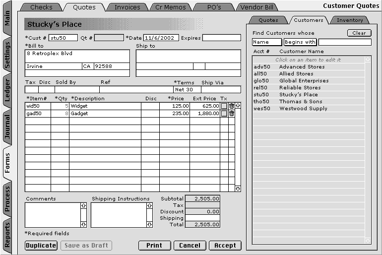Quote Form and Customer List