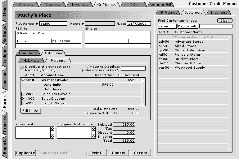 Credit Memo with Custom Tracking Distribution and Customer List